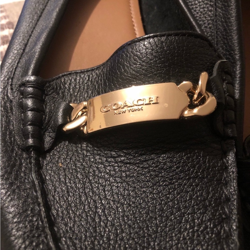 Coach Black Leather Loafers with Gold Logo Plaque